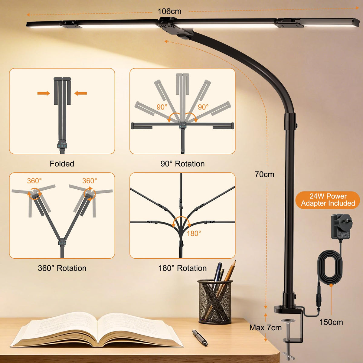 Rimposky Adjustable Aluminium Metal LED Desk Lamp Bright 24W Home Office NEW