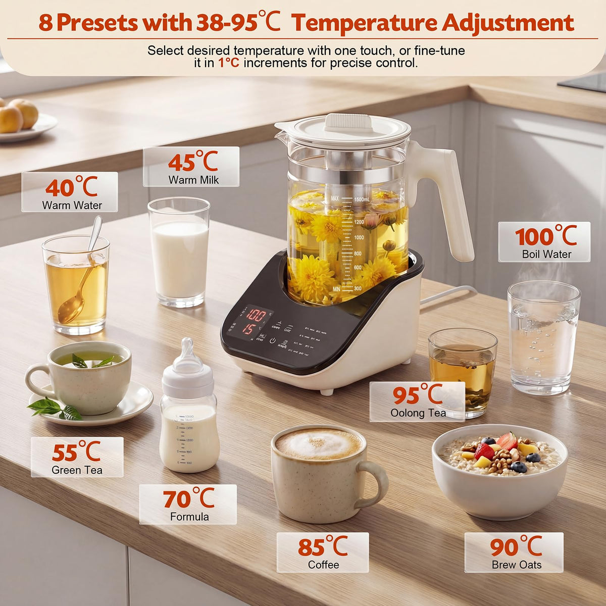 ADVWIN 1.5L Glass Electric Kettle with 8 Presets Smart Borosilicate Black NEW