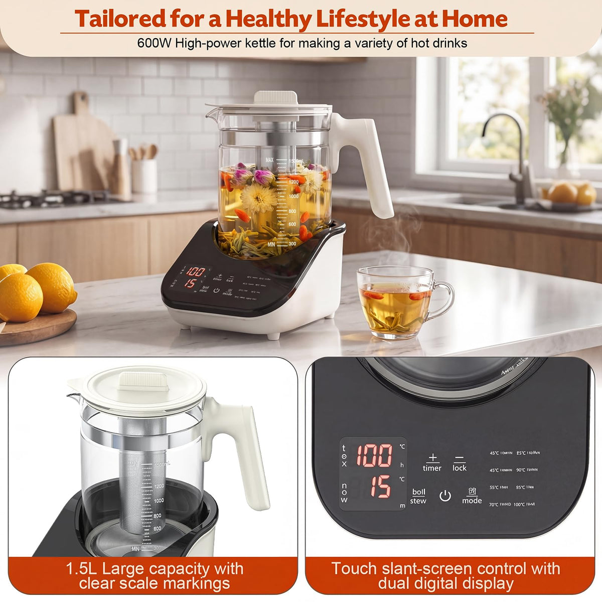 ADVWIN 1.5L Glass Electric Kettle with 8 Presets Smart Borosilicate Black NEW