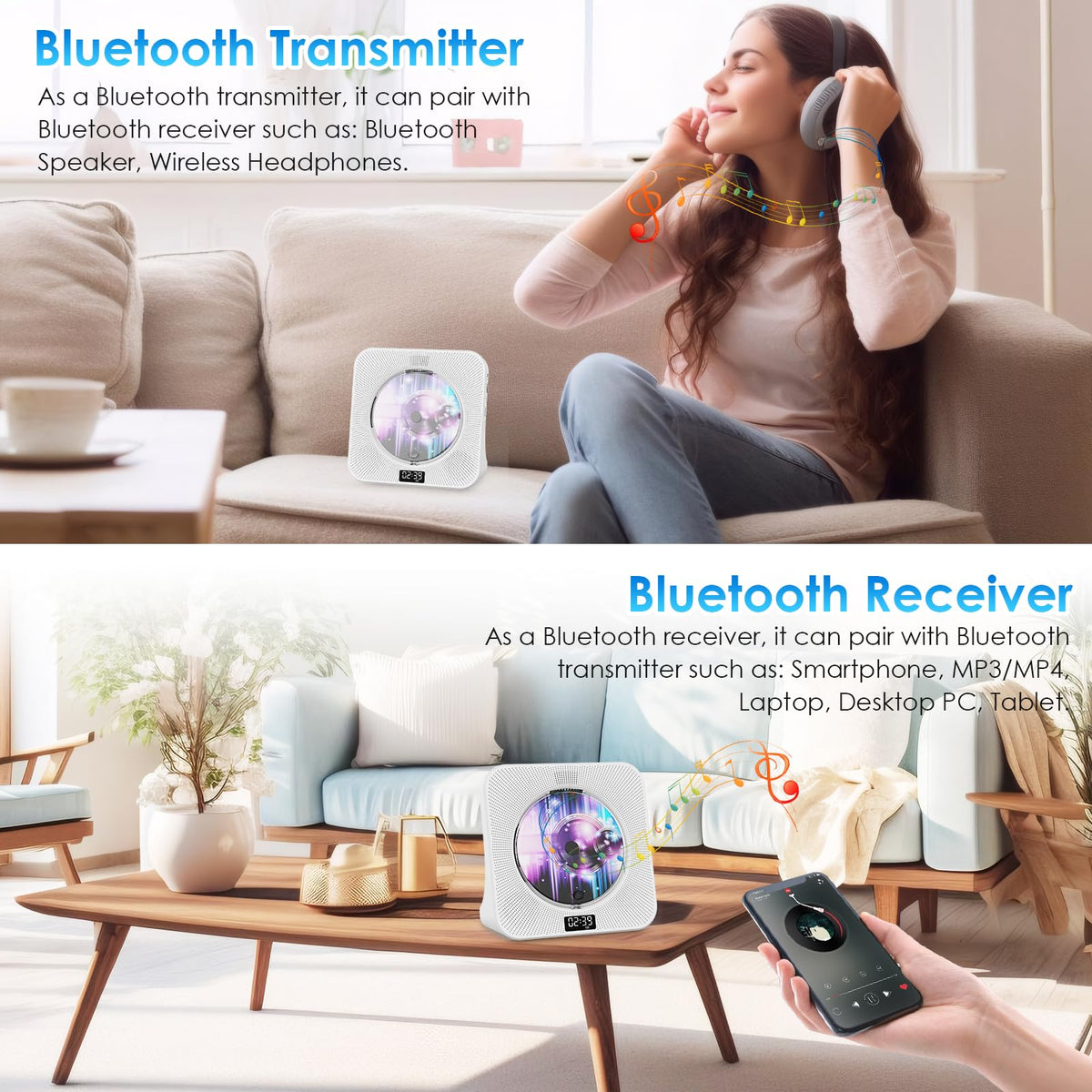 Portable Bluetooth CD Player for Home Office & Travel, White NEW