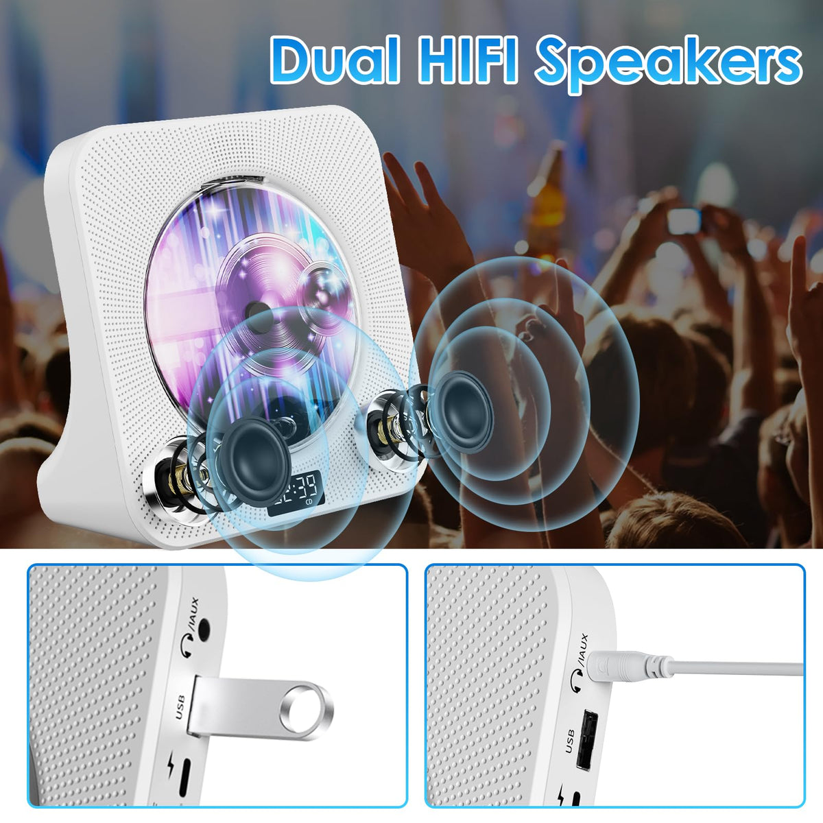Portable Bluetooth CD Player for Home Office & Travel, White NEW