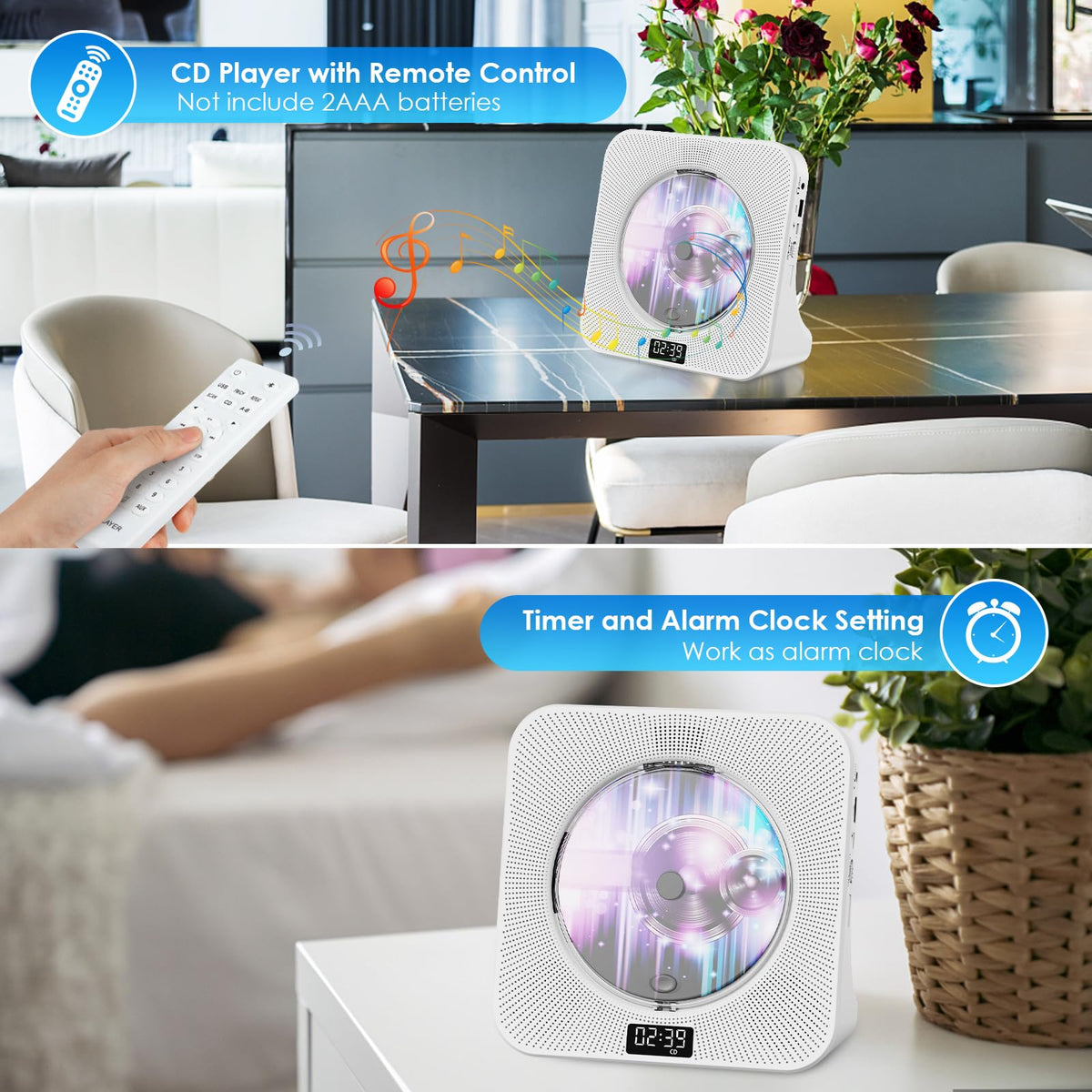 Portable Bluetooth CD Player for Home Office & Travel, White NEW