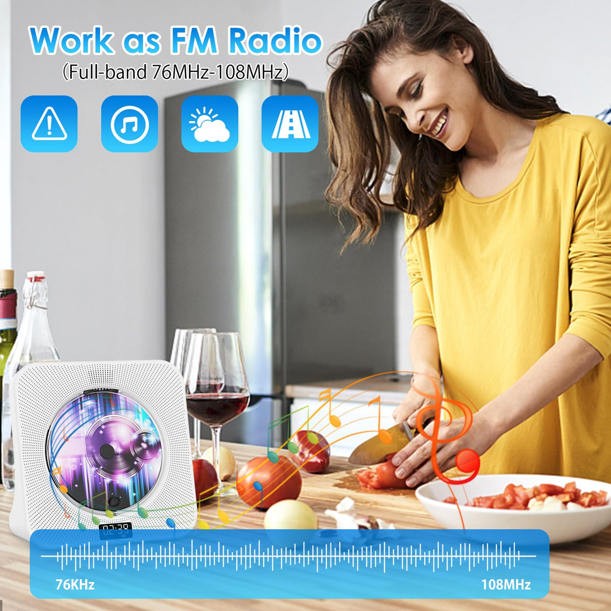 Portable Bluetooth CD Player for Home Office & Travel, White NEW