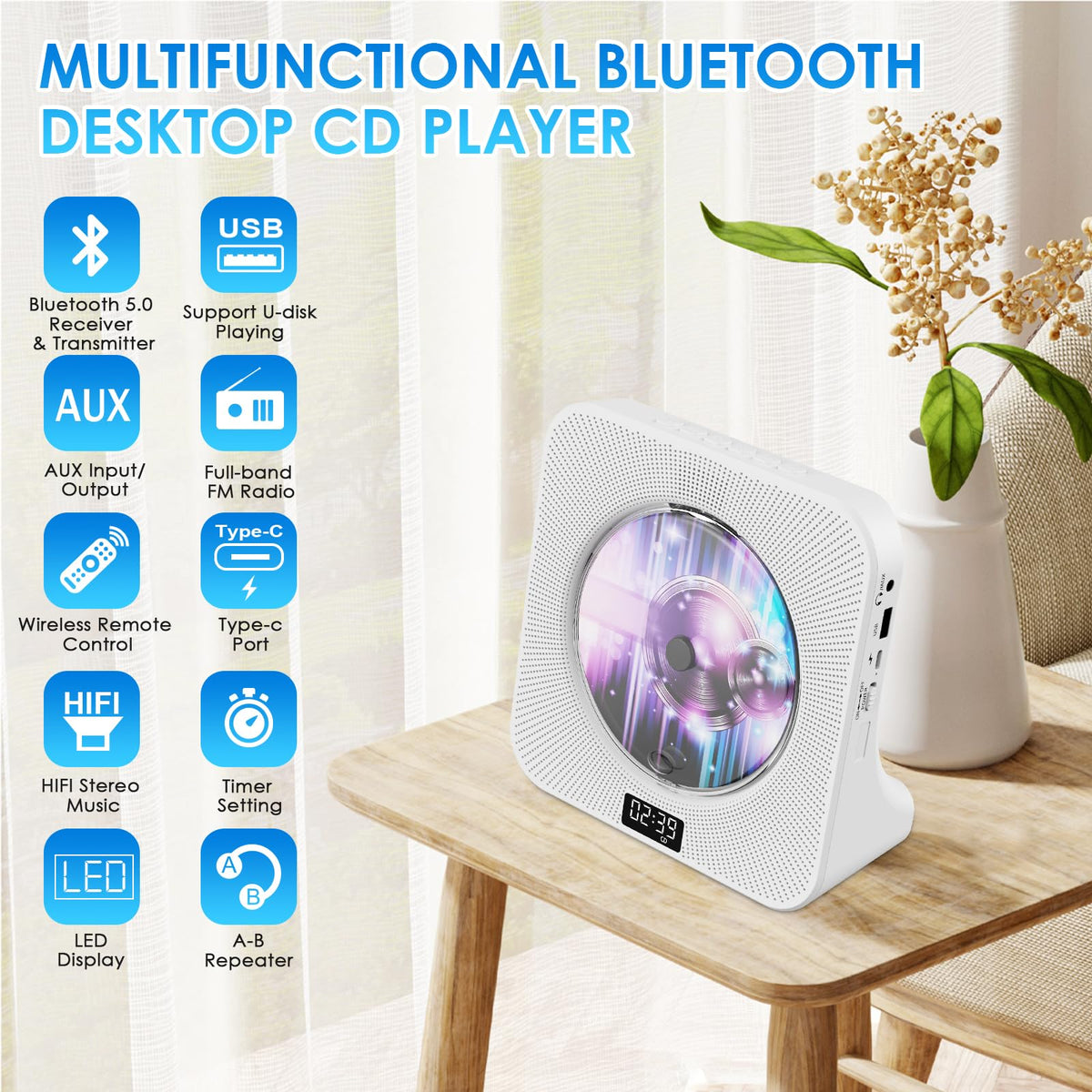 Portable Bluetooth CD Player for Home Office & Travel, White NEW