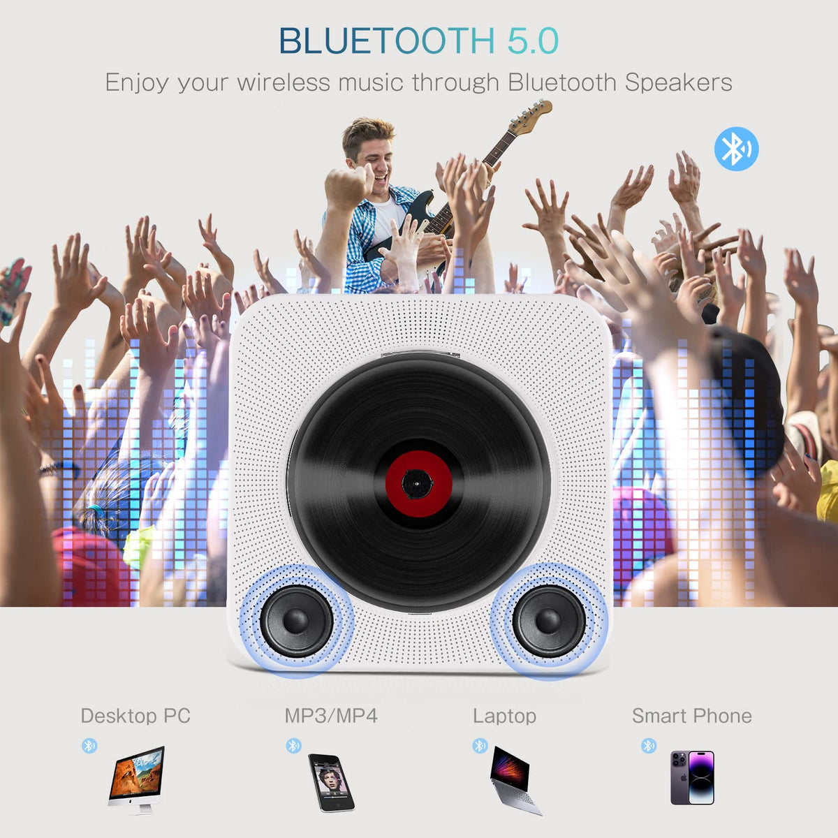 Portable Bluetooth CD Player with HiFi Stereo Speakers, White, Compact DEMO
