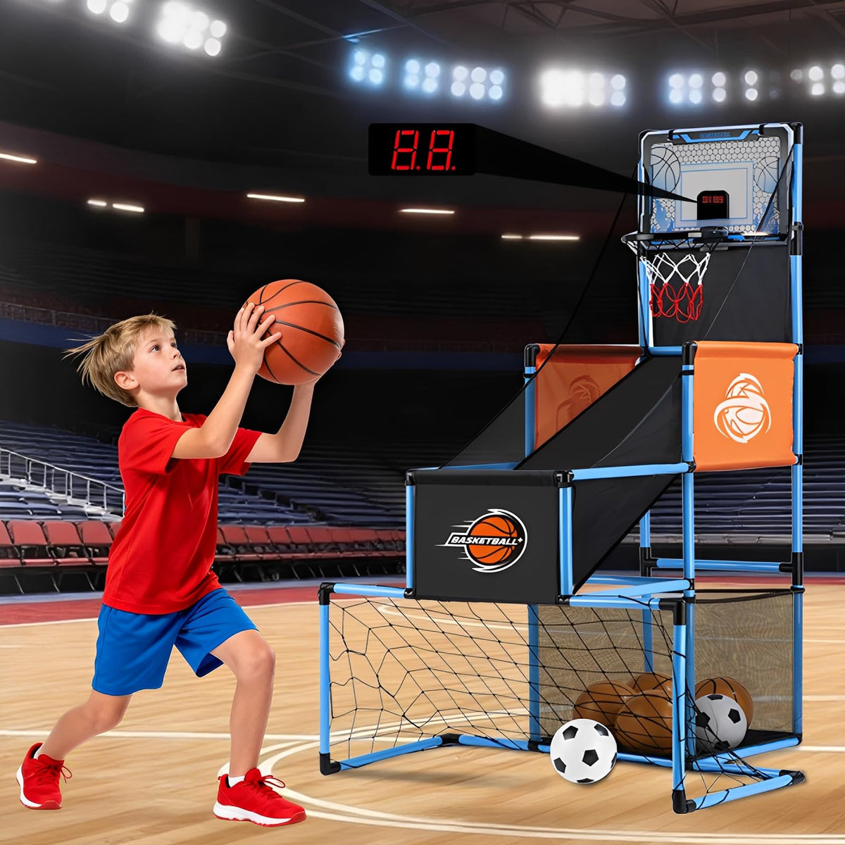 2-in-1 Basketball Arcade Game and Soccer Goal for Kids Adjustable Blue NEW