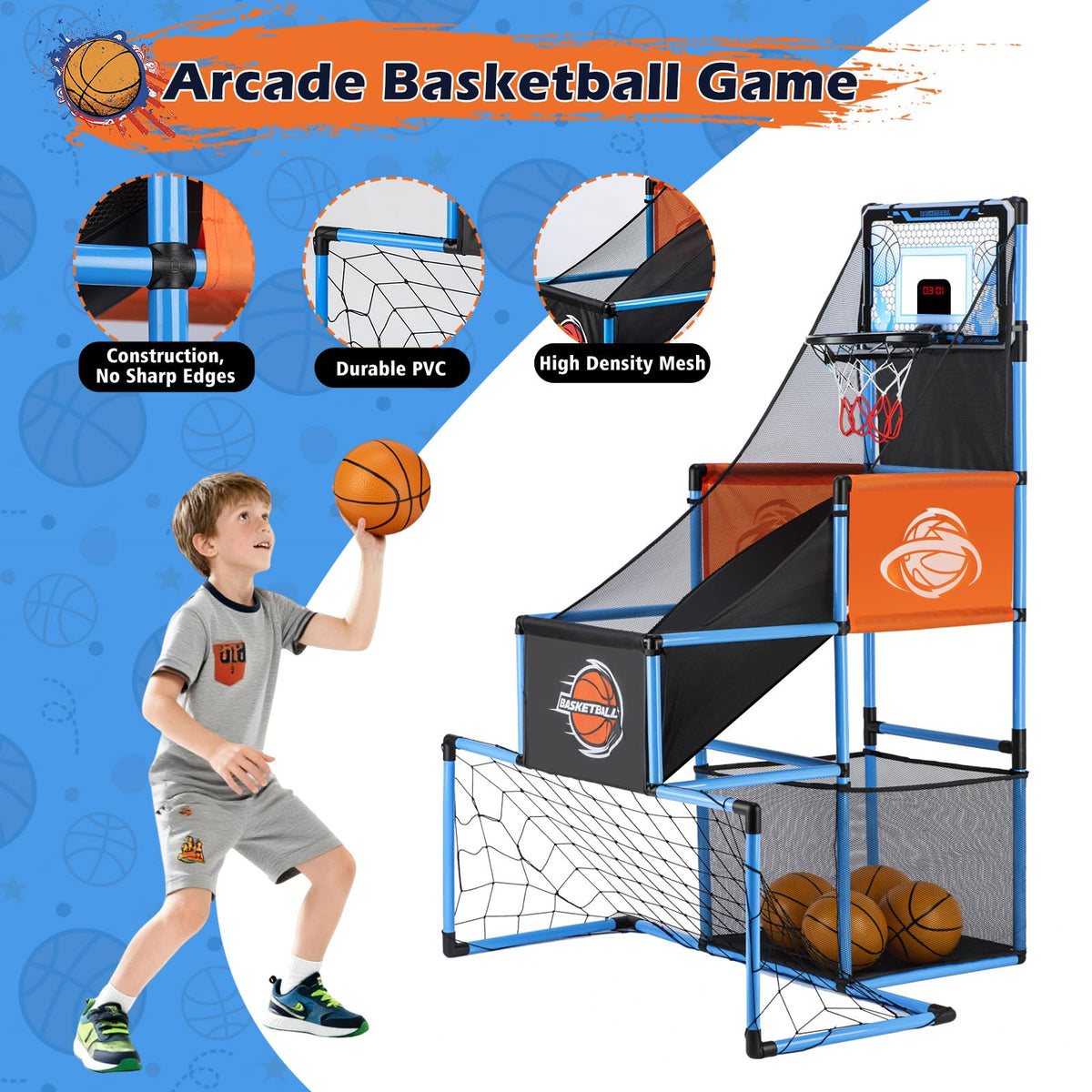 2-in-1 Basketball Arcade Game and Soccer Goal for Kids Adjustable Blue NEW