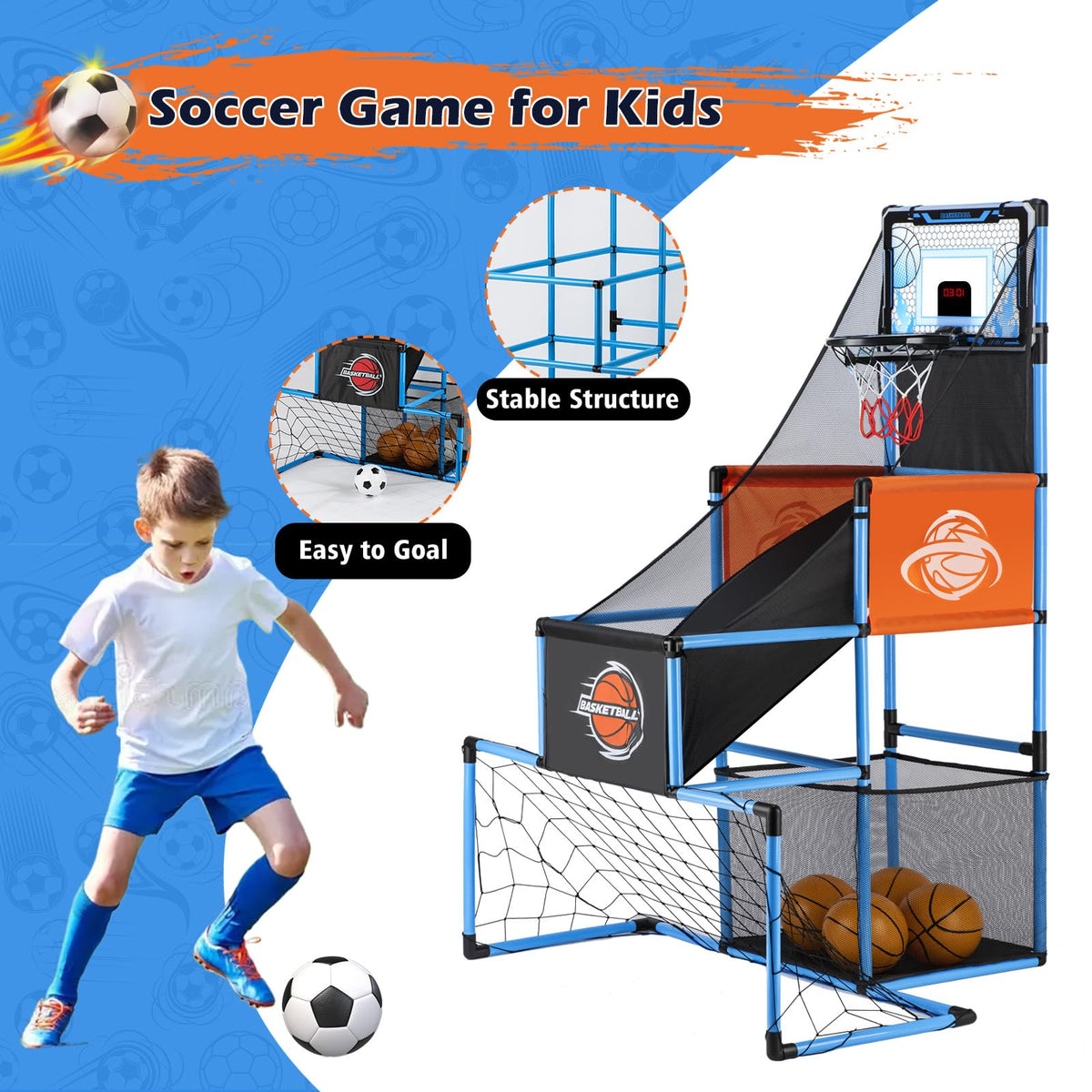 2-in-1 Basketball Arcade Game and Soccer Goal for Kids Adjustable Blue NEW
