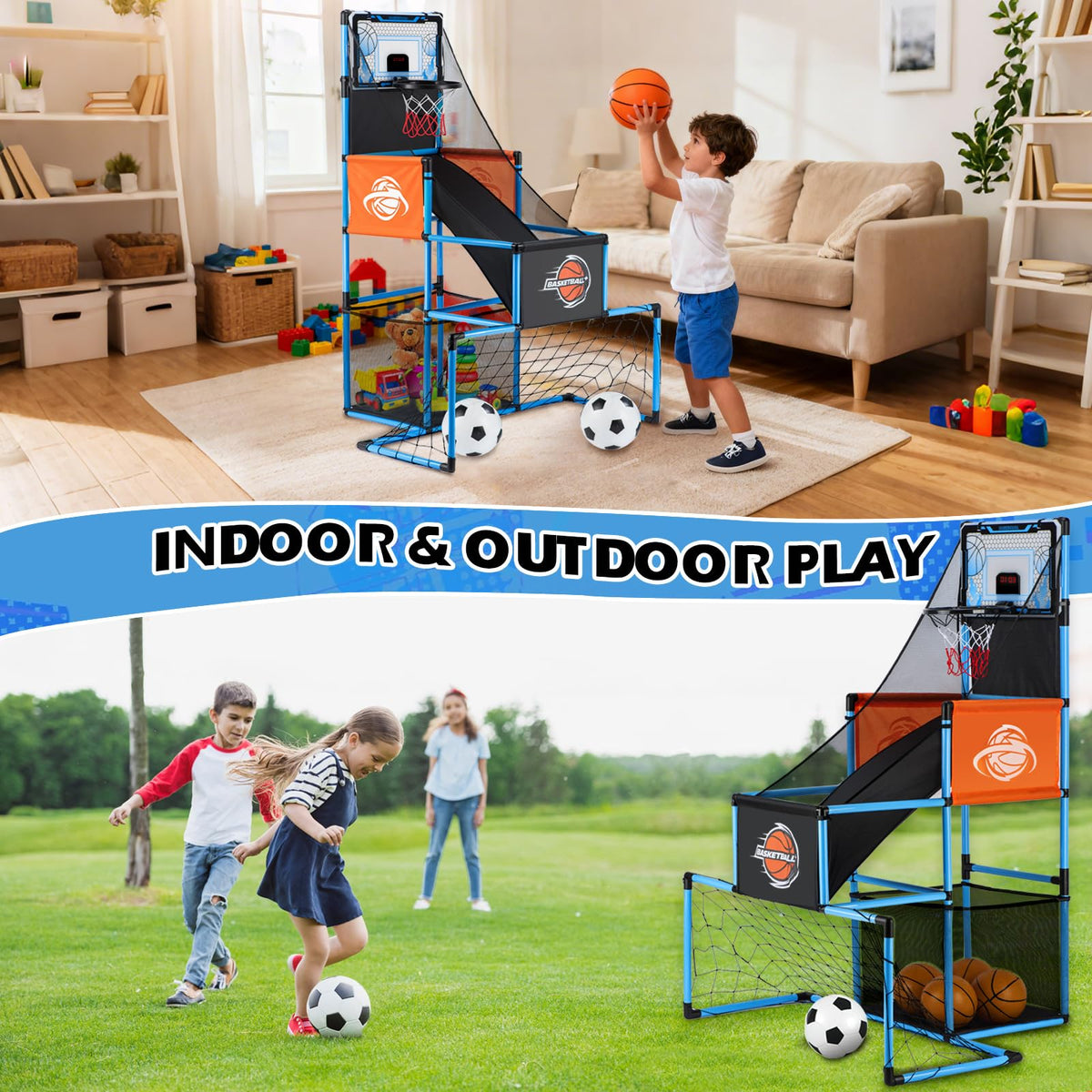 2-in-1 Basketball Arcade Game and Soccer Goal for Kids Adjustable Blue NEW