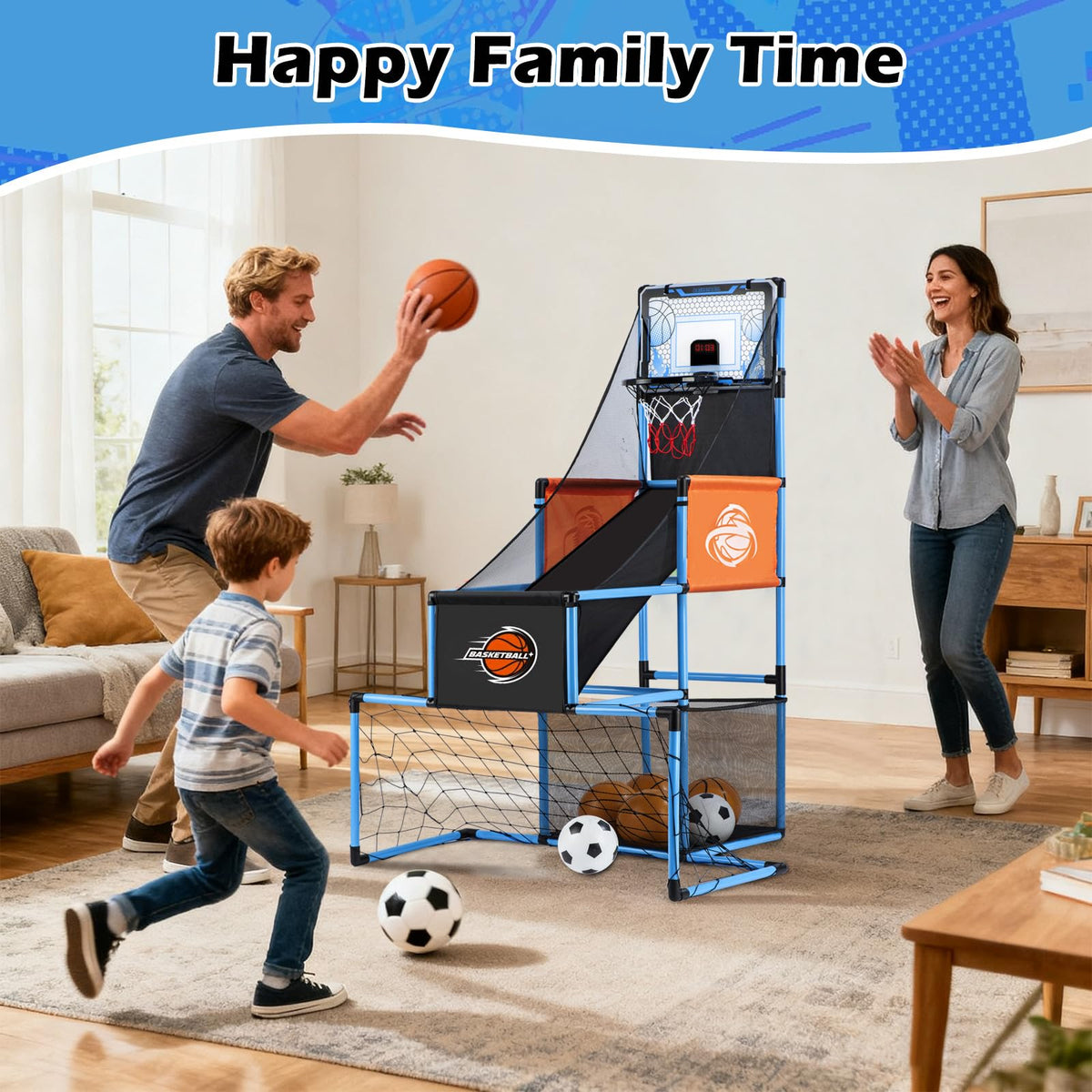 2-in-1 Basketball Arcade Game and Soccer Goal for Kids Adjustable Blue NEW