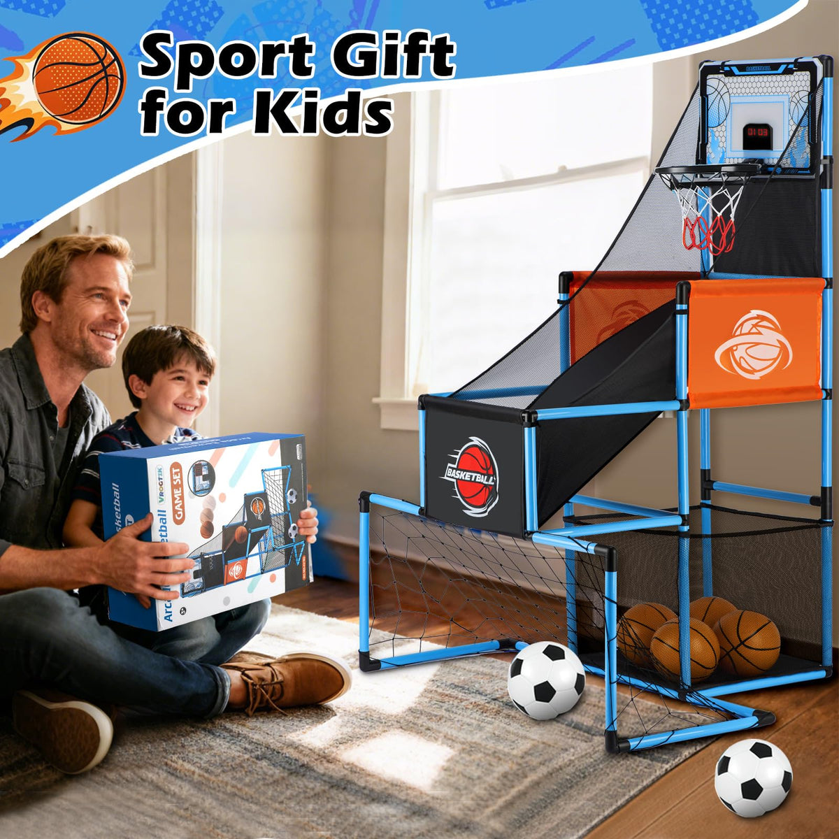 2-in-1 Basketball Arcade Game and Soccer Goal for Kids Adjustable Blue NEW