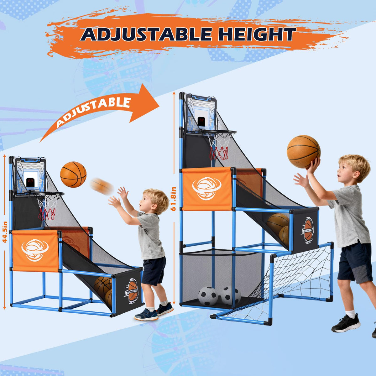 2-in-1 Basketball Arcade Game and Soccer Goal for Kids Adjustable Blue NEW