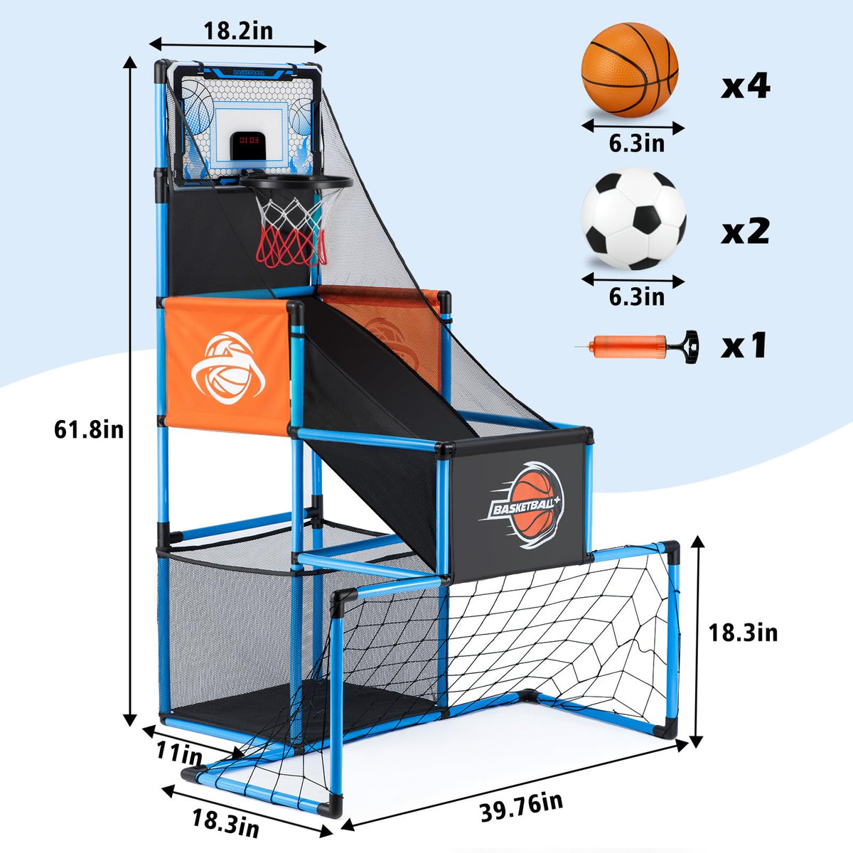 2-in-1 Basketball Arcade Game and Soccer Goal for Kids Adjustable Blue NEW