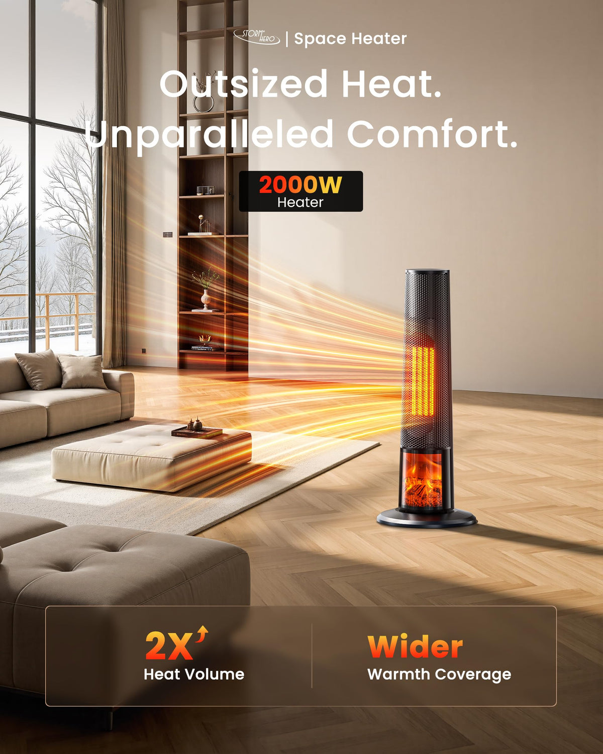 STORM HERO 2000W Electric Tower Space Heater for Bedroom Heating Black NEW
