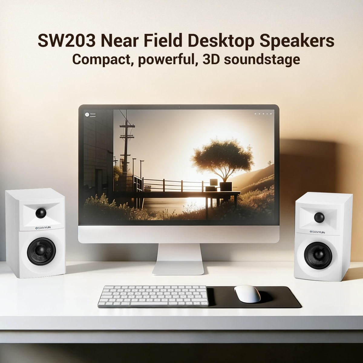Sanyun White PC Speakers with Expanded Stereo Field and Triple-DSP NEW