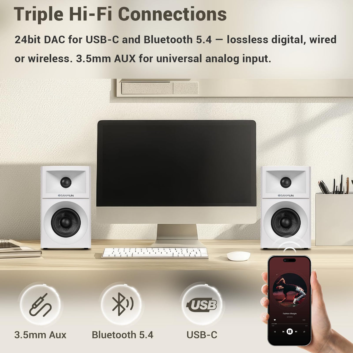 Sanyun White PC Speakers with Expanded Stereo Field and Triple-DSP NEW