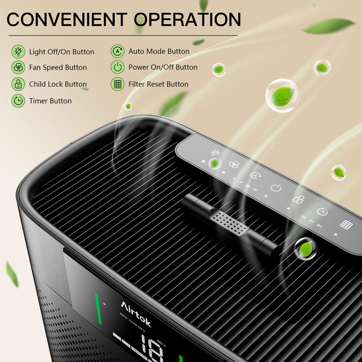 AIRTOK Large Air Purifiers Air Purifier with Quality Monitor, Black - DEMO