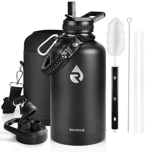 RAYMYLO Insulated Stainless Steel Sports Water Bottle 64 oz/ 1.89L Black NEW