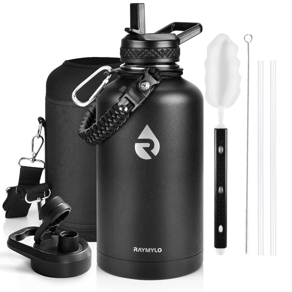 RAYMYLO Insulated Stainless Steel Sports Water Bottle 64 oz/ 1.89L Black NEW