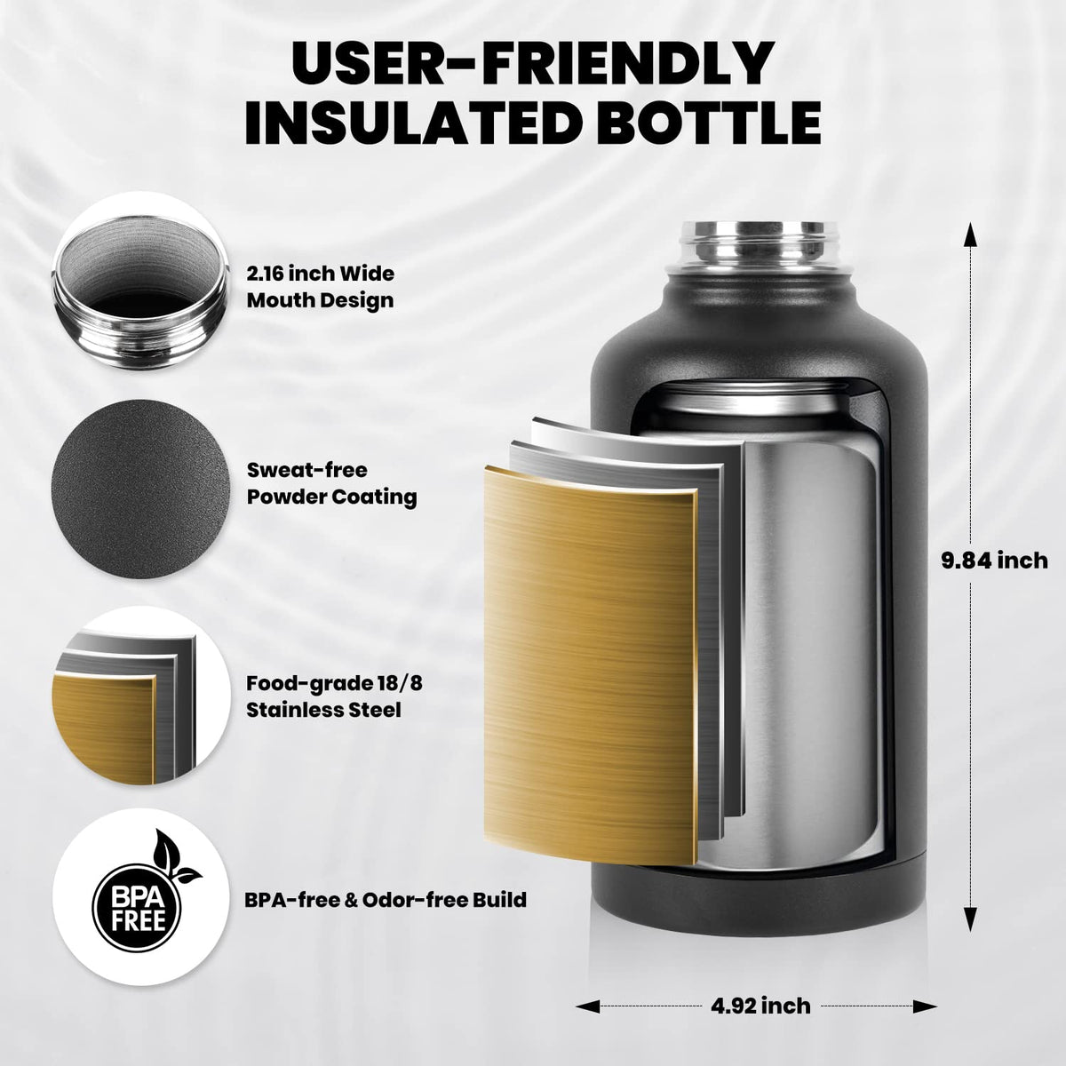 RAYMYLO Insulated Stainless Steel Sports Water Bottle 64 oz/ 1.89L Black NEW