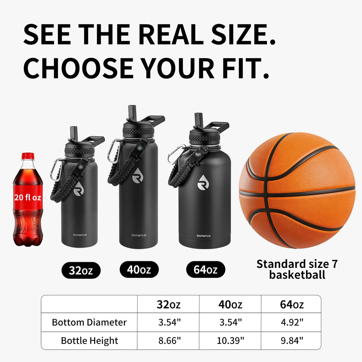 RAYMYLO Insulated Stainless Steel Sports Water Bottle 64 oz/ 1.89L Black NEW
