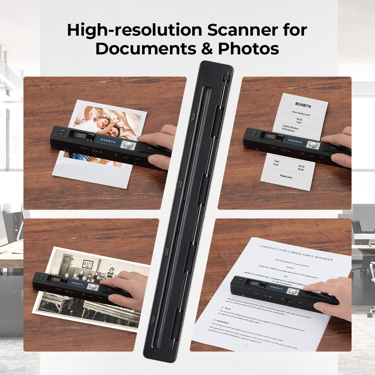 MUNBYN Portable Scanners A4 Document Scanner, 900 DPI Handheld Photo Black NEW