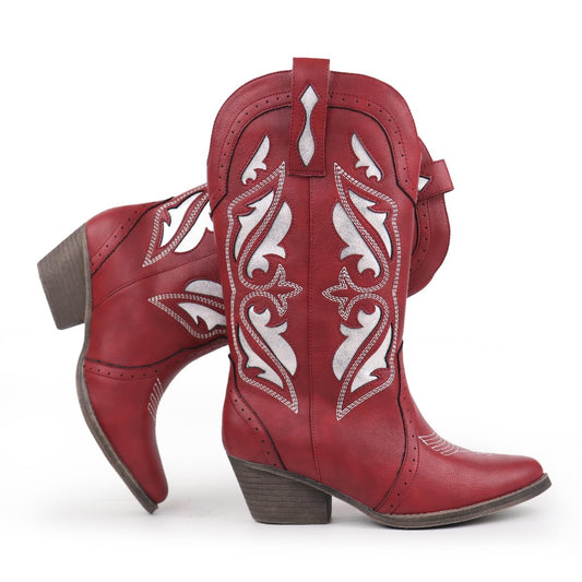 Hawkwell Embroidered Mid-Calf Cowboy Boots Pointed Toe Slip-On Red Size 9 NEW