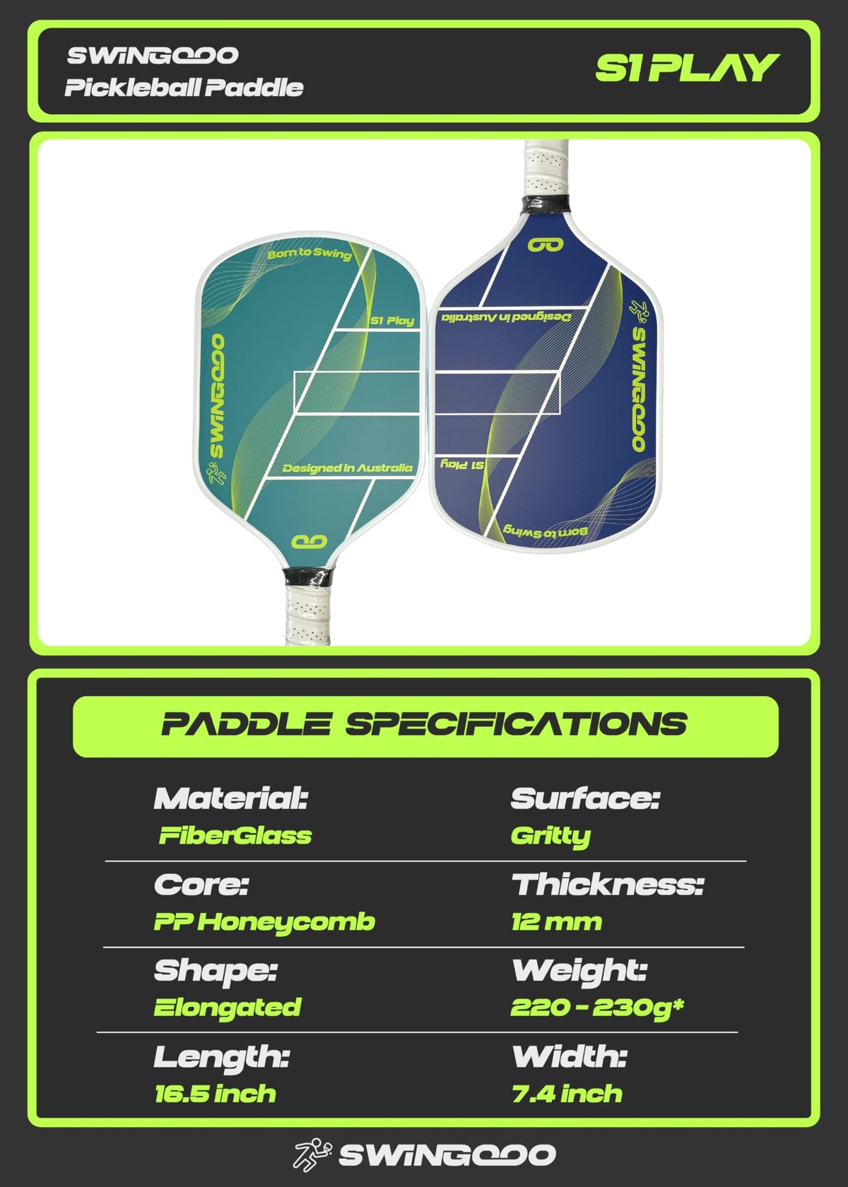 Swingooo Lightweight Fiberglass Pickleball Paddles Grit Surface Green & NEW