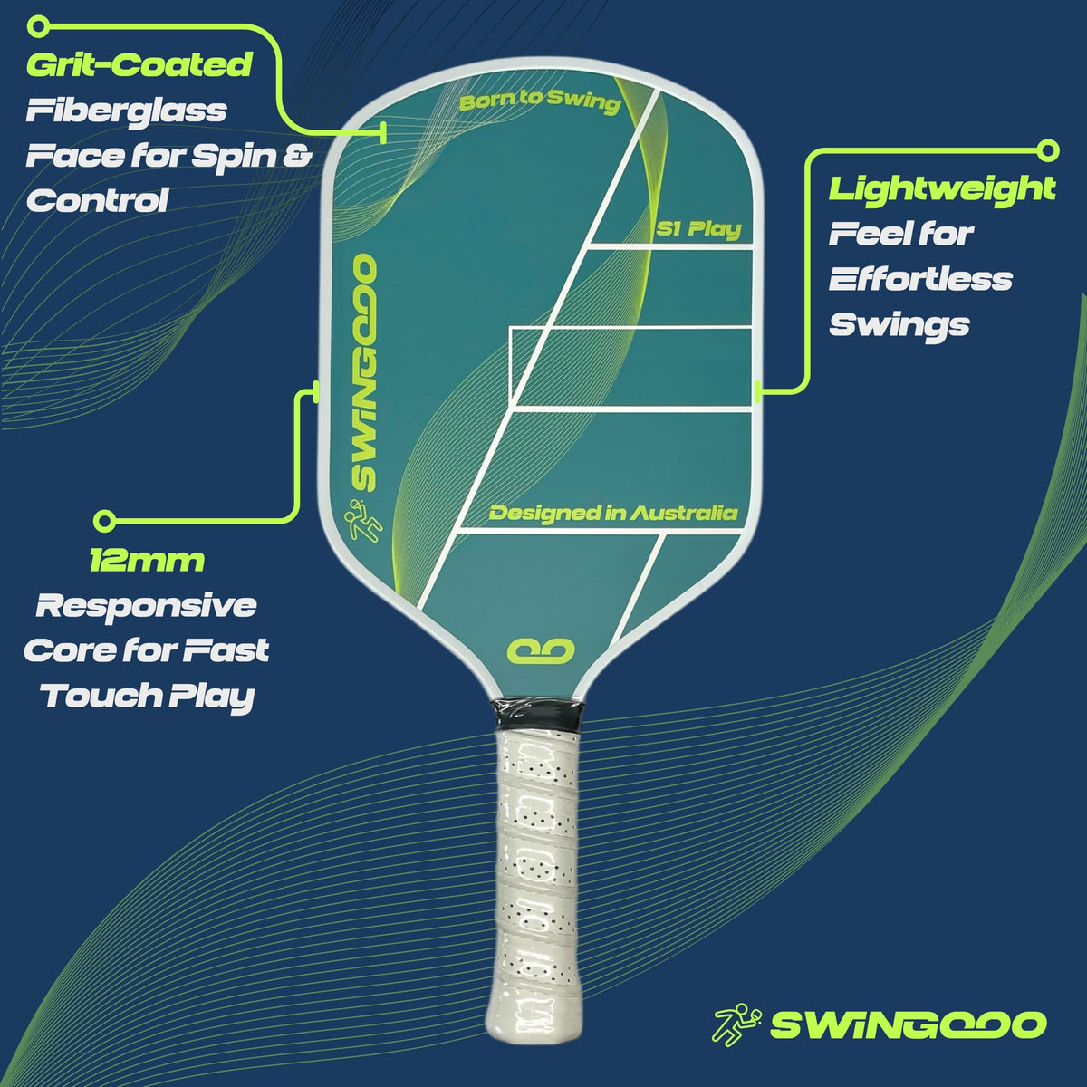 Swingooo Lightweight Fiberglass Pickleball Paddles Grit Surface Green & NEW