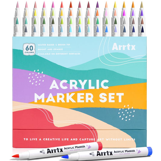 Arrtx 60 Scenic Colour Acrylic Markers Brush Tip Water-Based Ink Resistant NEW