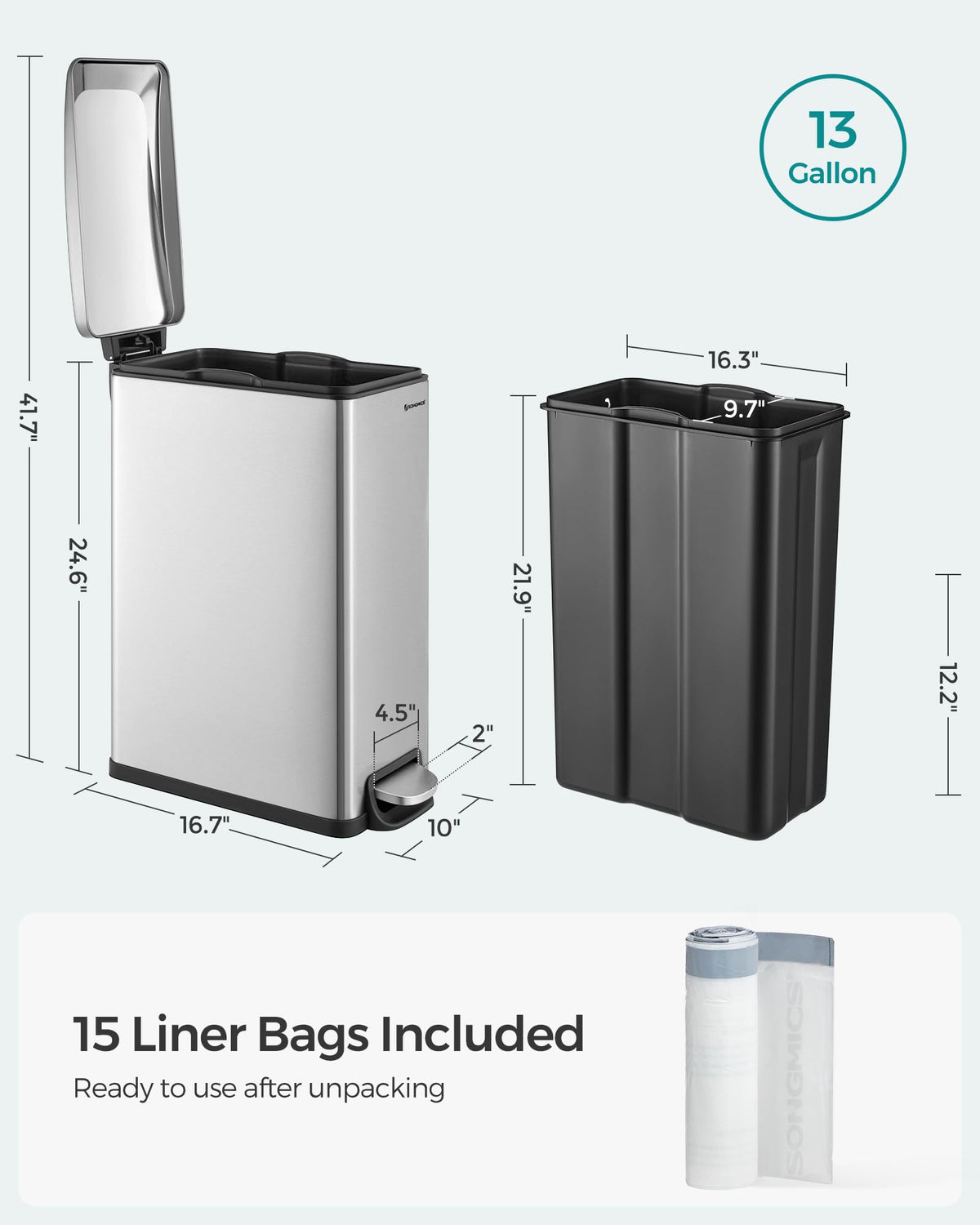 SONGMICS 48L Bathroom Accessories Slim Pedal Bin with Soft Closing Lid NEW