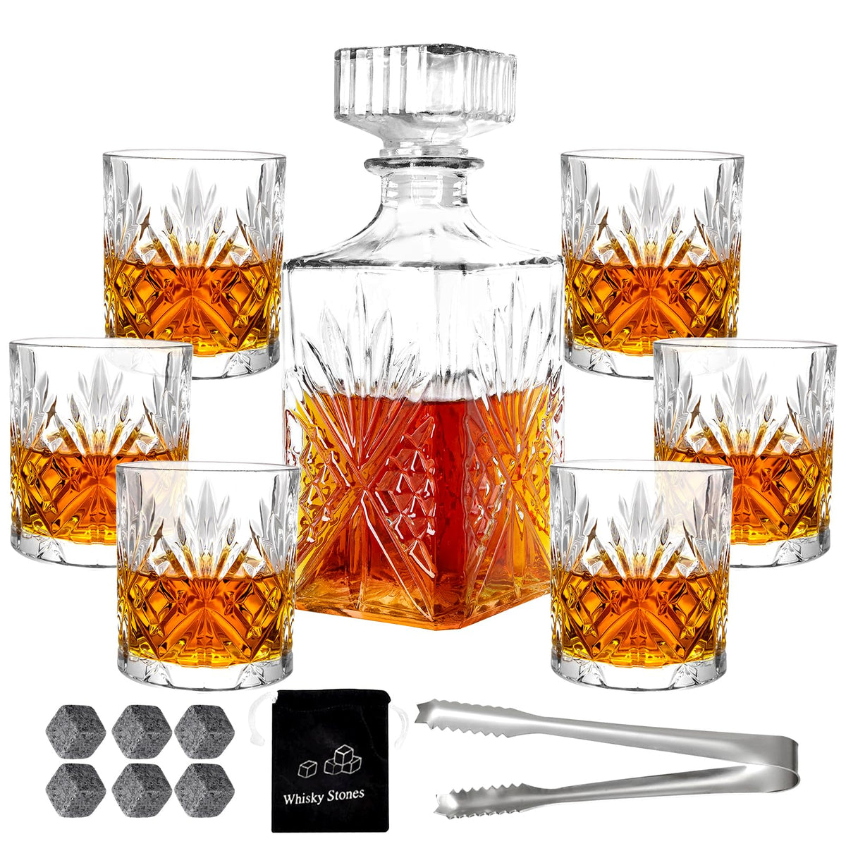 Crystal Clear Liquor Decanter Set with 6 Glasses Premium Glassware 32oz NEW