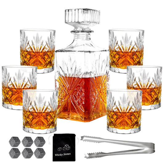 Crystal Clear Liquor Decanter Set with 6 Glasses Premium Glassware 32oz NEW