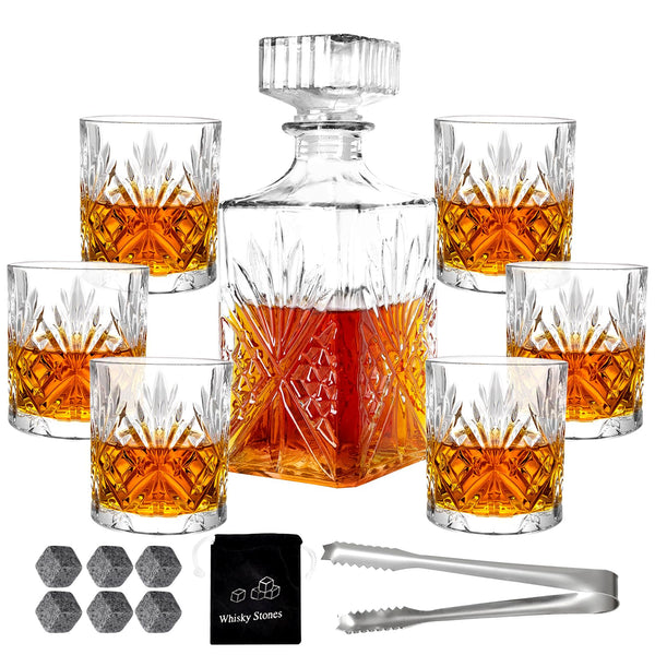 Crystal Clear Liquor Decanter Set with 6 Glasses Premium Glassware 32oz NEW