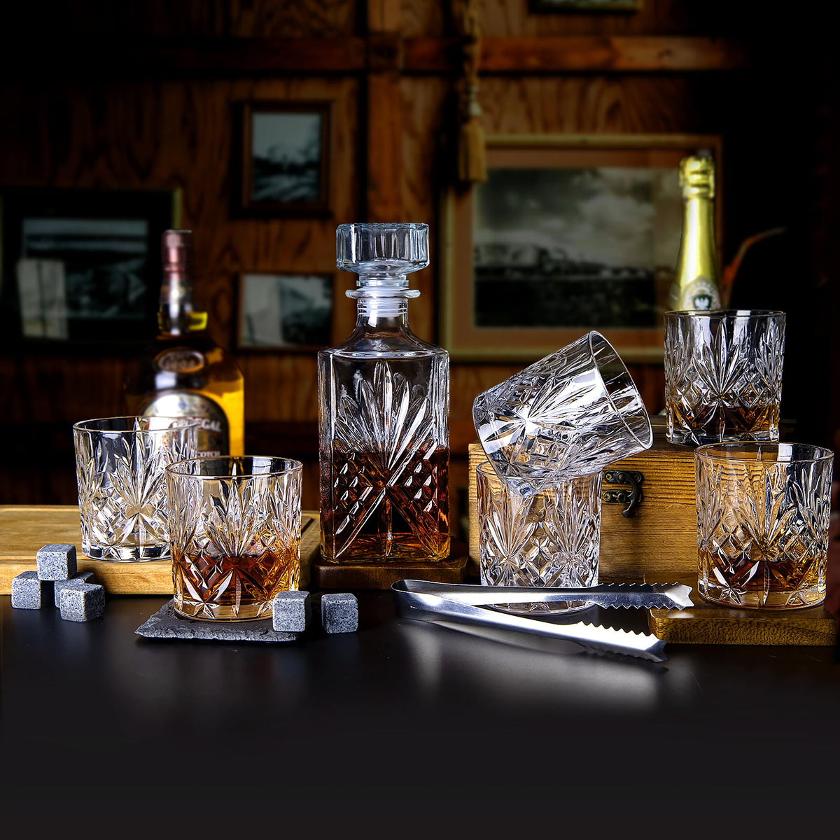 Crystal Clear Liquor Decanter Set with 6 Glasses Premium Glassware 32oz NEW