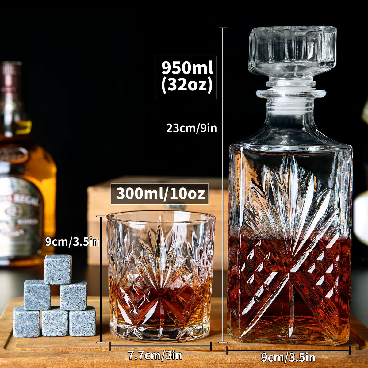 Crystal Clear Liquor Decanter Set with 6 Glasses Premium Glassware 32oz NEW