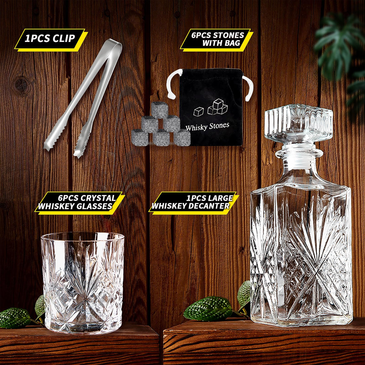 Crystal Clear Liquor Decanter Set with 6 Glasses Premium Glassware 32oz NEW