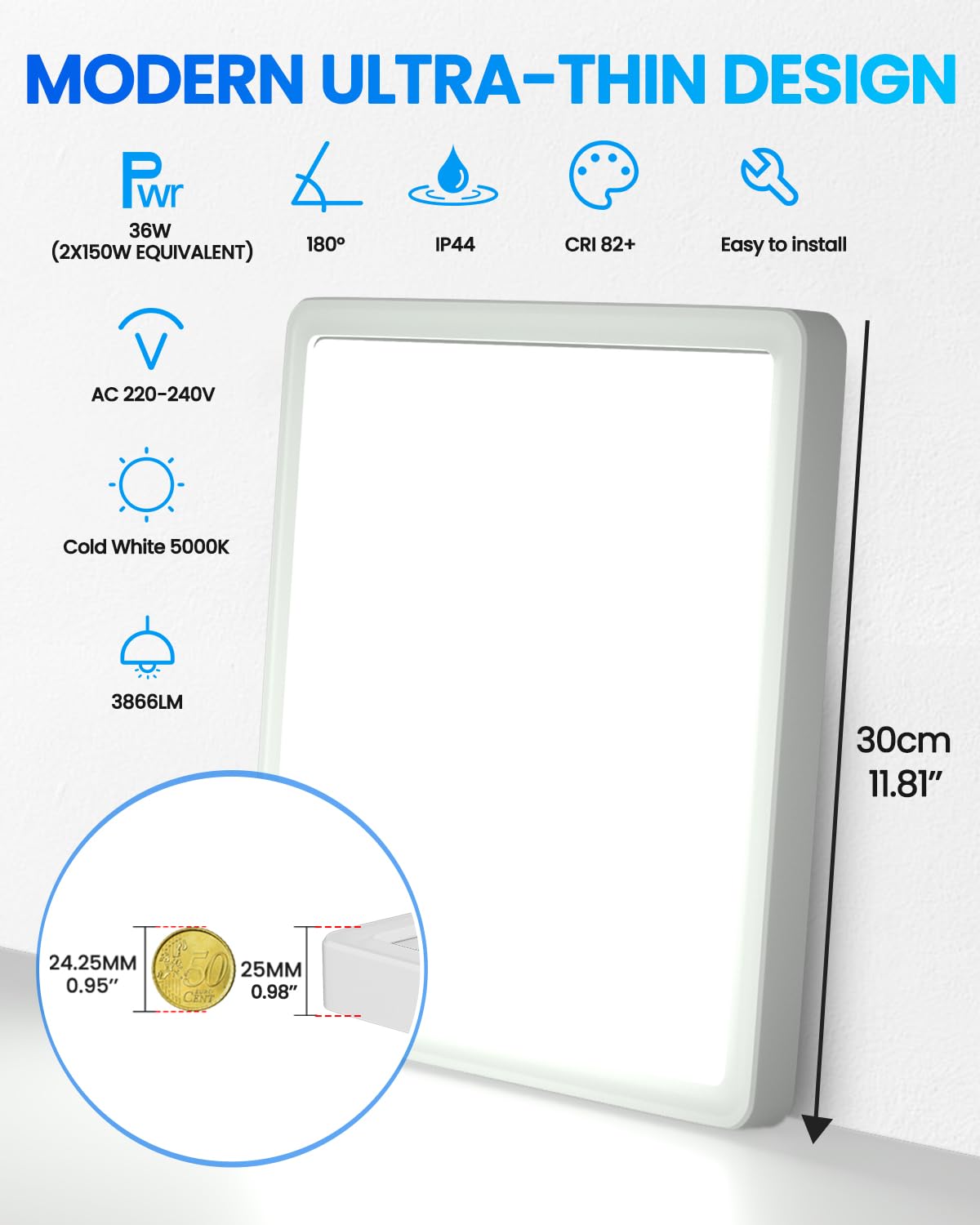 Square White LED Ceiling Light Fixture for Home Decor Size 30x30cm NEW