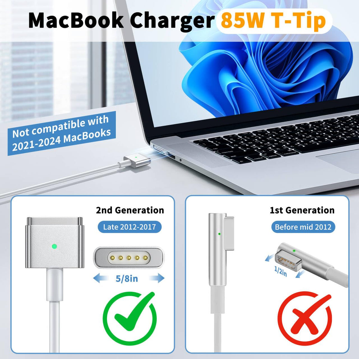 85W T-Tip Replacement Charger for MacBook Pro Power Adapter Cord White DEMO
