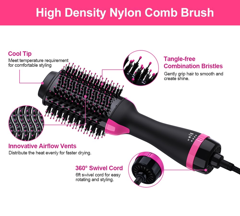 Hot Air Styler Brush 1200W One Step Hair Dryer Pink & Black NEW