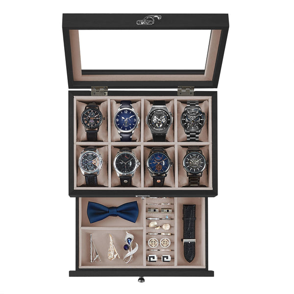SONGMICS 8 Compartment Wood Watch Box with Glass Lid - Brown NEW