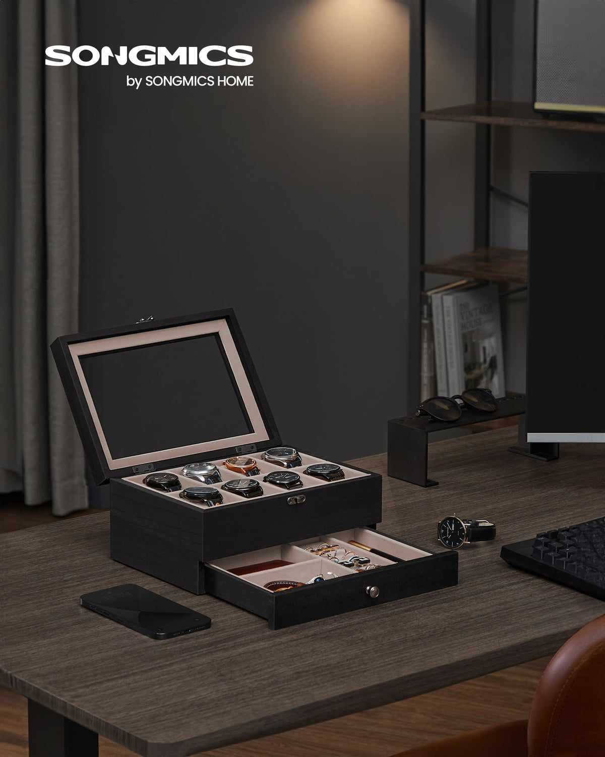 SONGMICS 8 Compartment Wood Watch Box with Glass Lid - Brown NEW