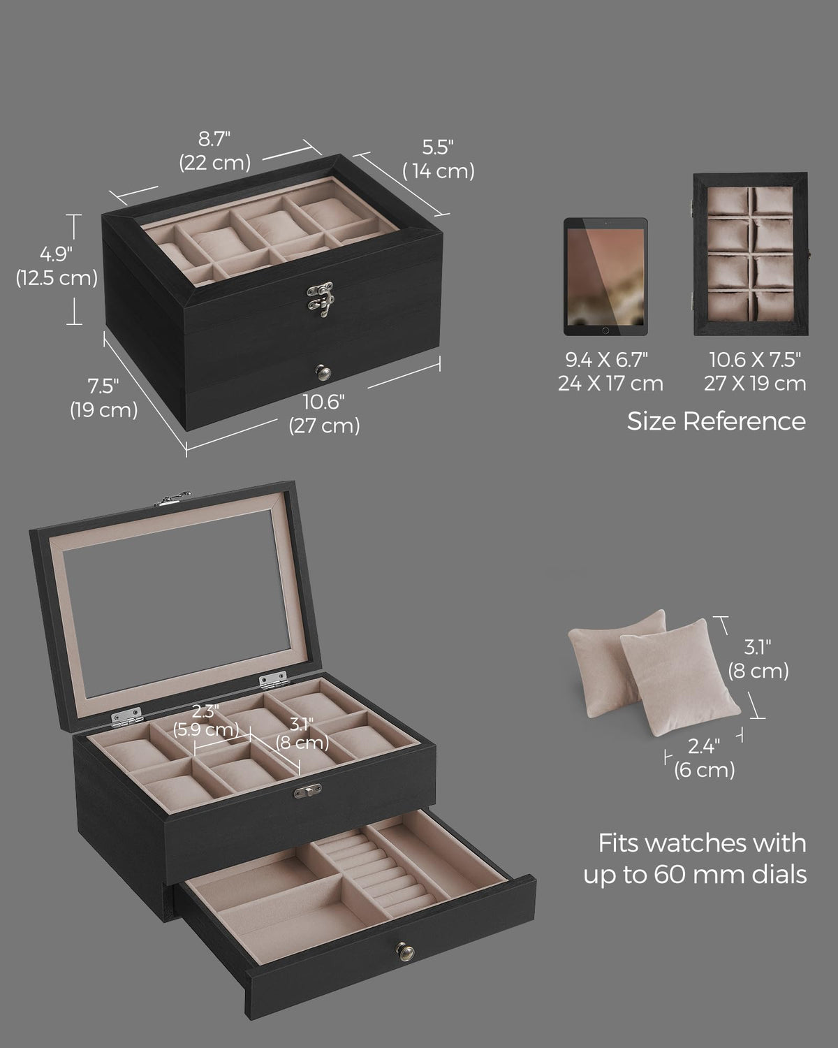 SONGMICS 8 Compartment Wood Watch Box with Glass Lid - Brown NEW