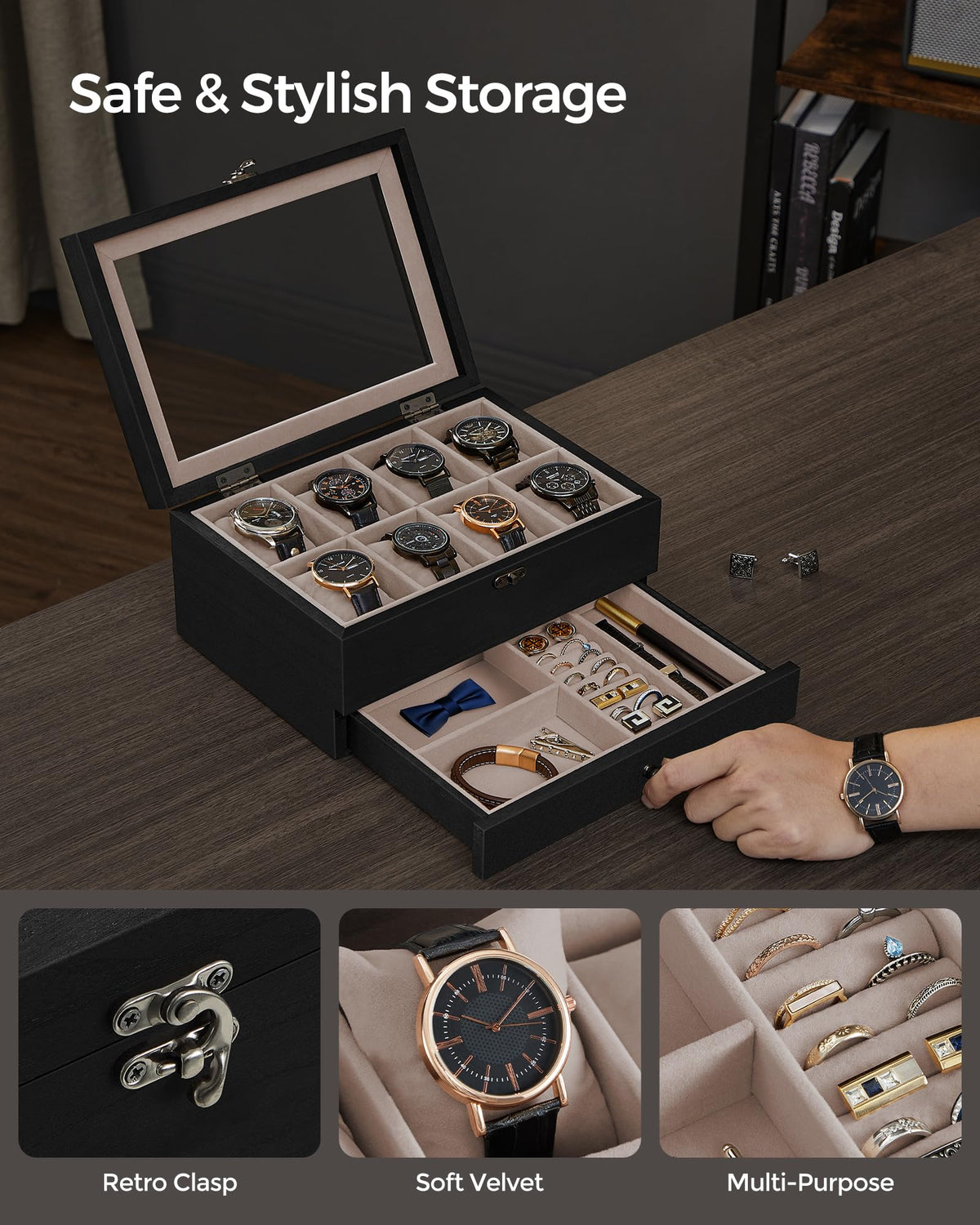 SONGMICS 8 Compartment Wood Watch Box with Glass Lid - Brown NEW