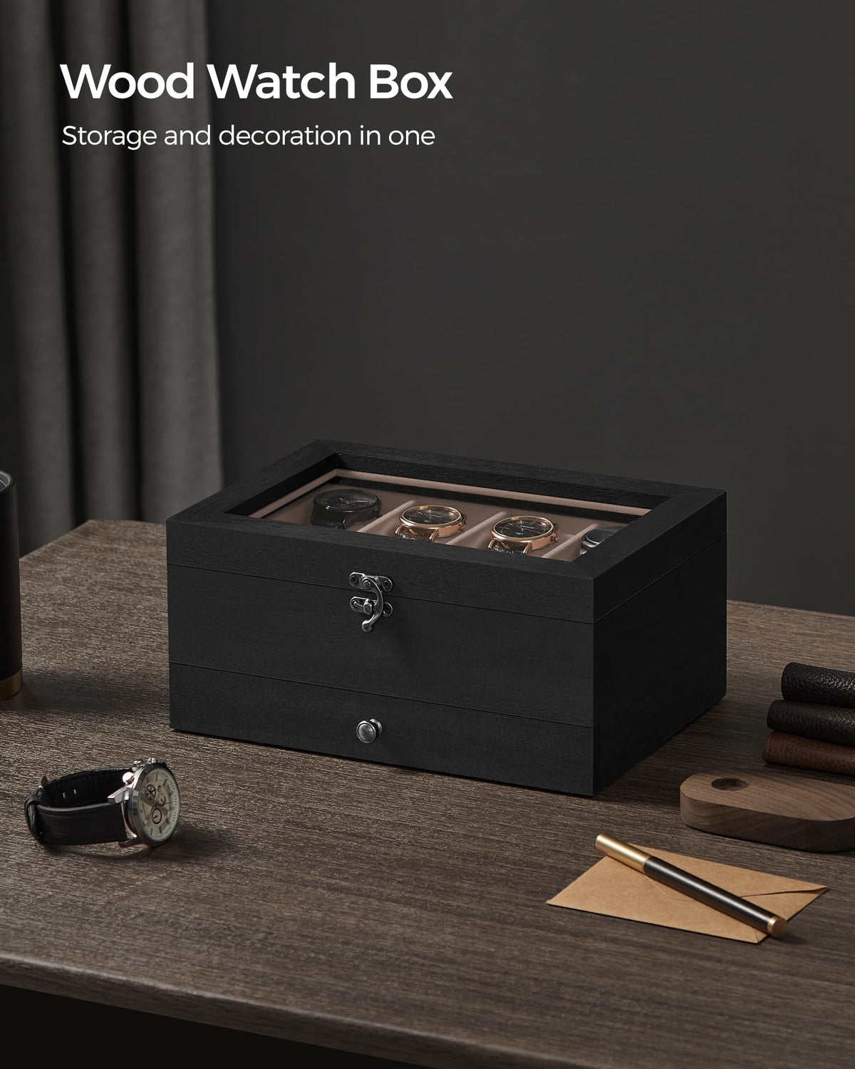 SONGMICS 8 Compartment Wood Watch Box with Glass Lid - Brown NEW
