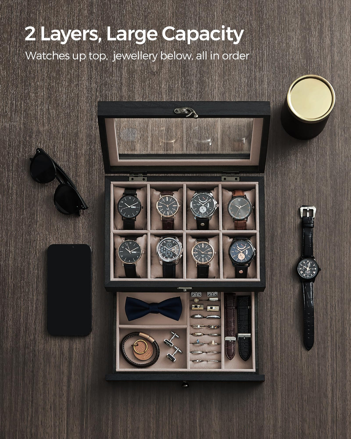 SONGMICS 8 Compartment Wood Watch Box with Glass Lid - Brown NEW