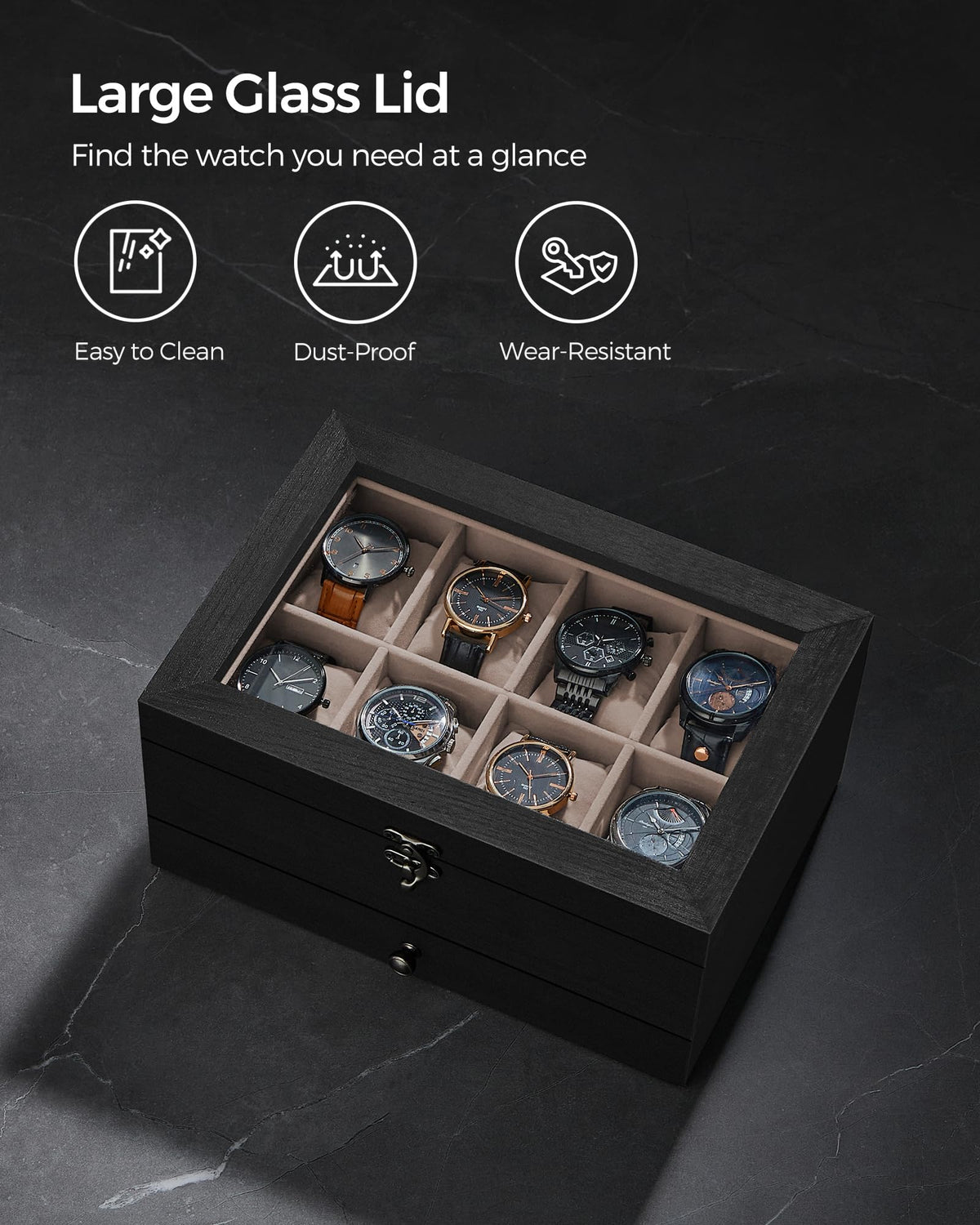 SONGMICS 8 Compartment Wood Watch Box with Glass Lid - Brown NEW