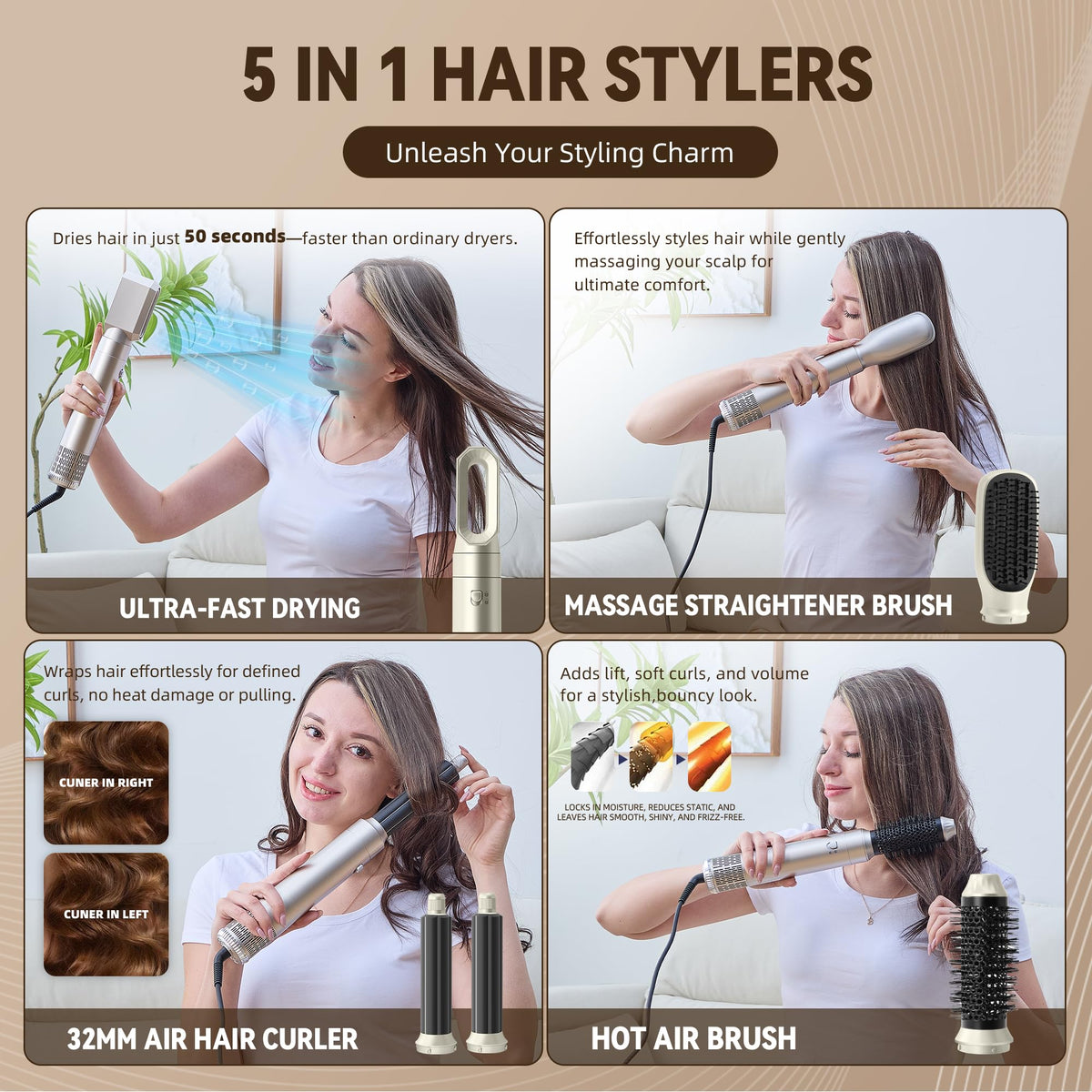 WUBBO 5-in-1 Hot Air Styler Brush - Light Champagne Gold Fast Drying DEMO