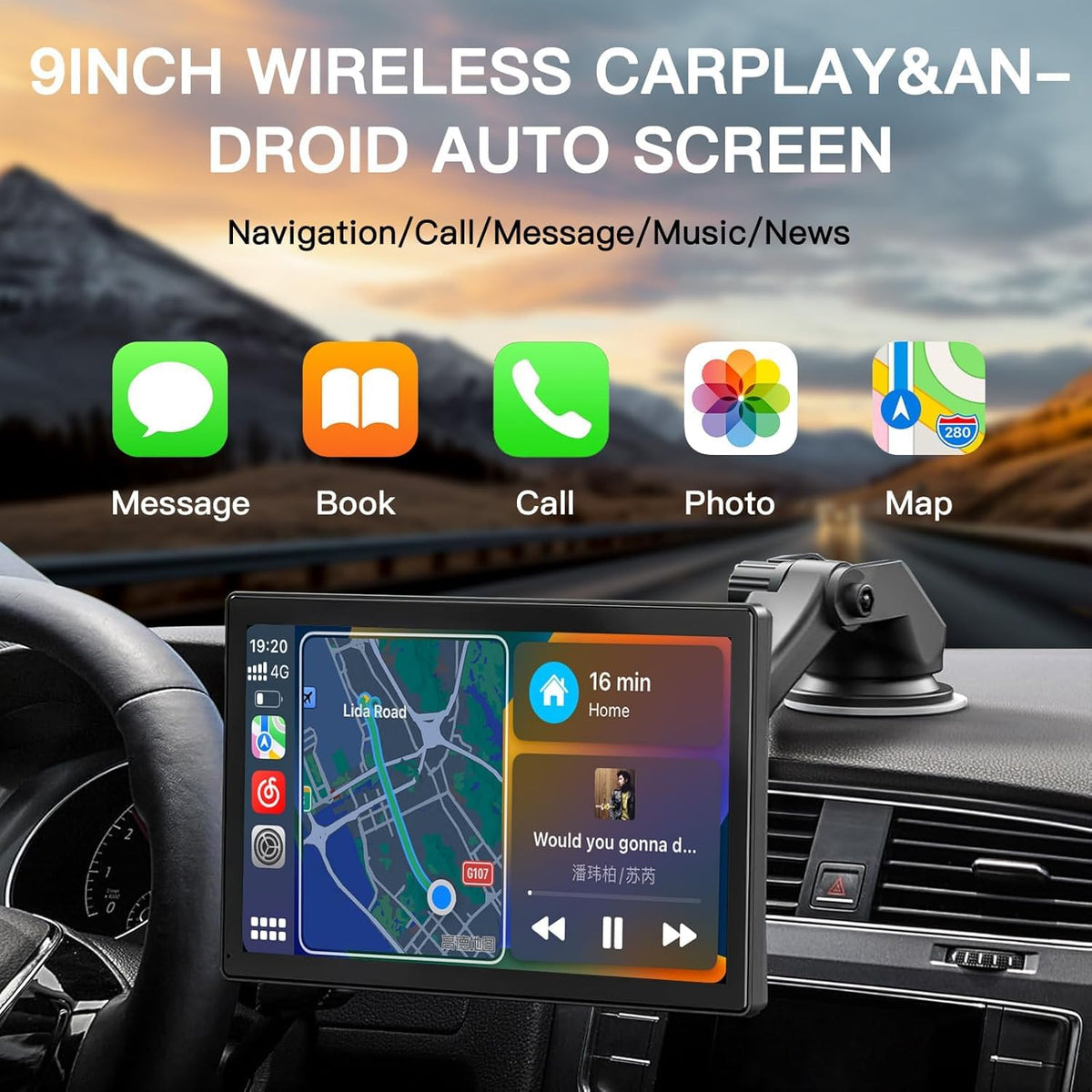 9" Black Car Play Wireless CarPlay Android Auto 4K Dash Cam Screen Size 9" DEMO