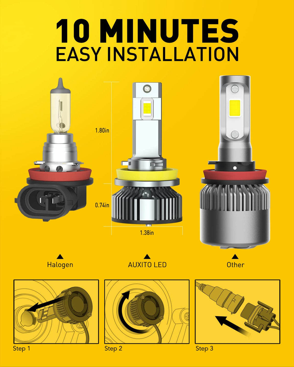 AUXITO LED Headlights Headlight Bulbs H8 H9 H11 6500K Cool White Silver NEW